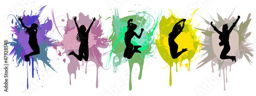 girls jumping on ink splash background.