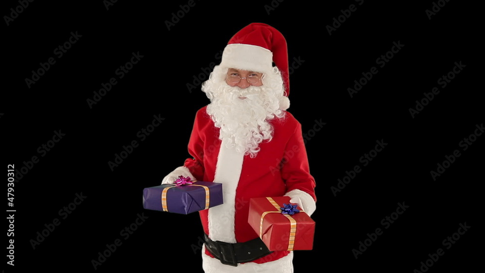 Santa Claus weighting presents, against black Santa Claus weighting presents, against black