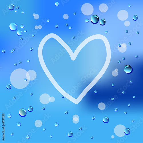 Hand drawn heart and raindrops on glass background