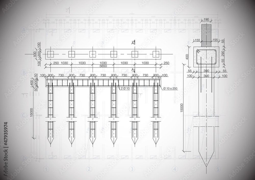 A grey vector detailed blueprint of a typical house construction