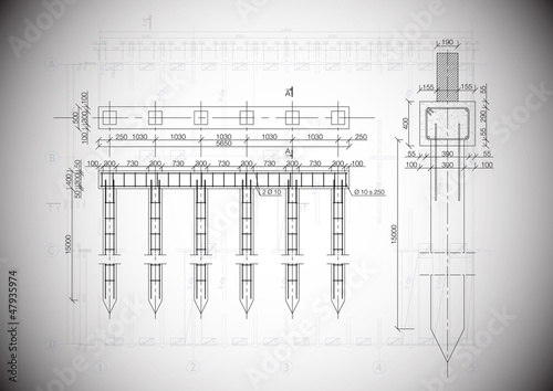 A grey vector detailed blueprint of a typical house construction