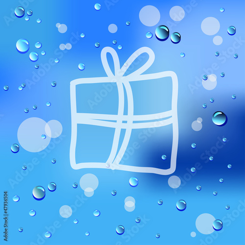 Drawn Gift and raindrops on glass background