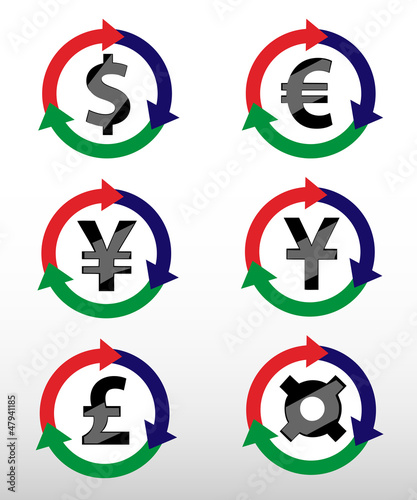 Currency Symbols: dollar, euro, pound, yuan, yen.