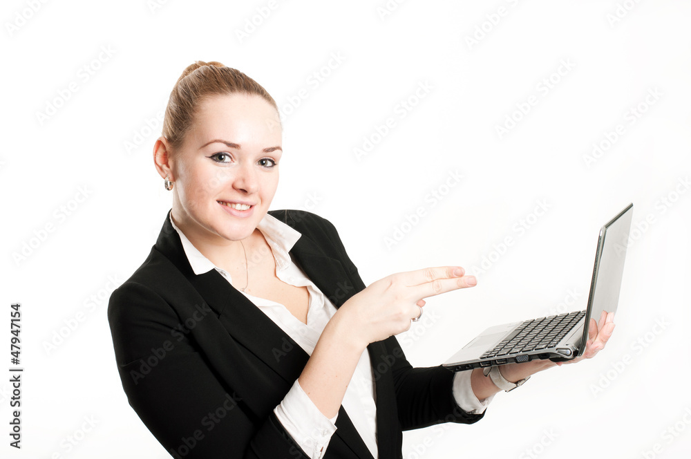 Woman with laptop on a light background Woman with laptop on a light background