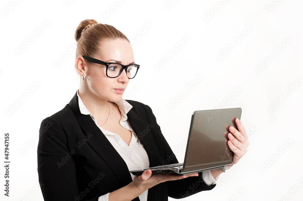 Woman with laptop on a light background Woman with laptop on a light background