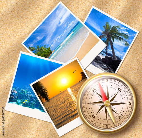 Photography Traveling photos with compass on sand beach