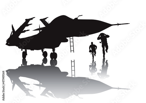 Military aircraft and running pilots vector silhouette