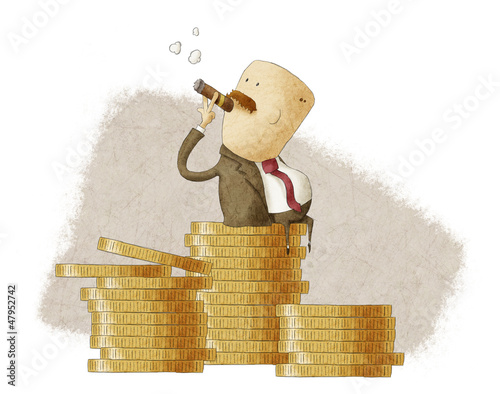 rich boss sitting on a pile of coins
