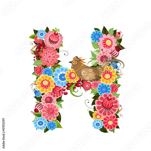 Floral letter to the birds in the style Khokhloma