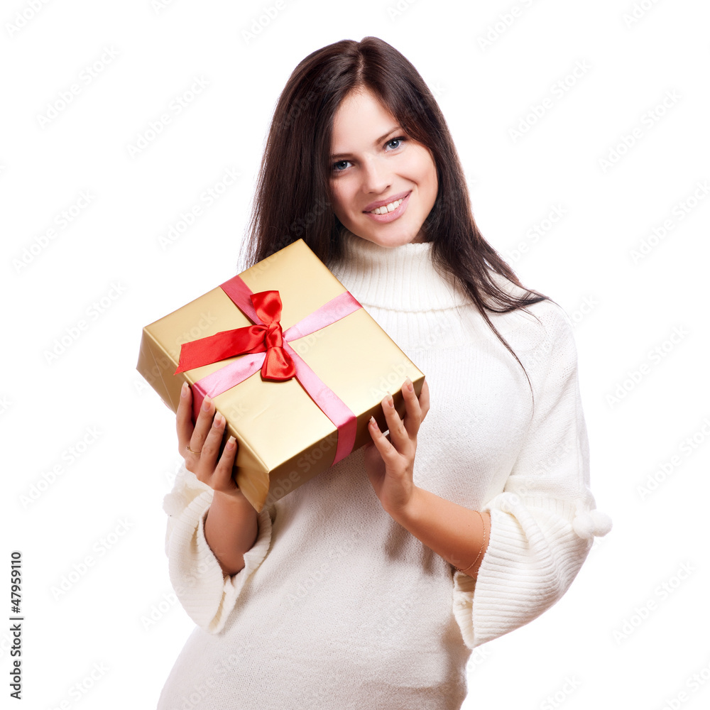 Happy woman holding gift box, isolated on white background Happy woman holding gift box, isolated on white background