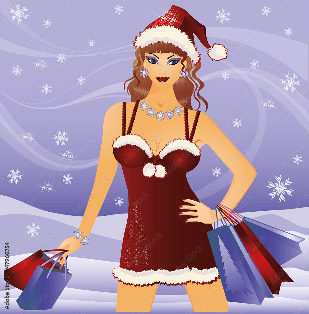 Shopping christmas girl. vector illustration