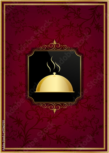 Red floral restaurant menu and golden frame