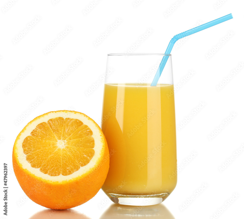 Delicious orange juice in glass and orange next to it isolated Delicious orange juice in glass and orange next to it isolated