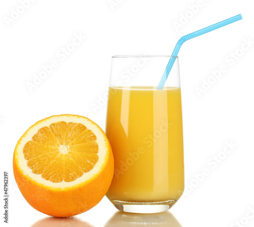 Delicious orange juice in glass and orange next to it isolated
