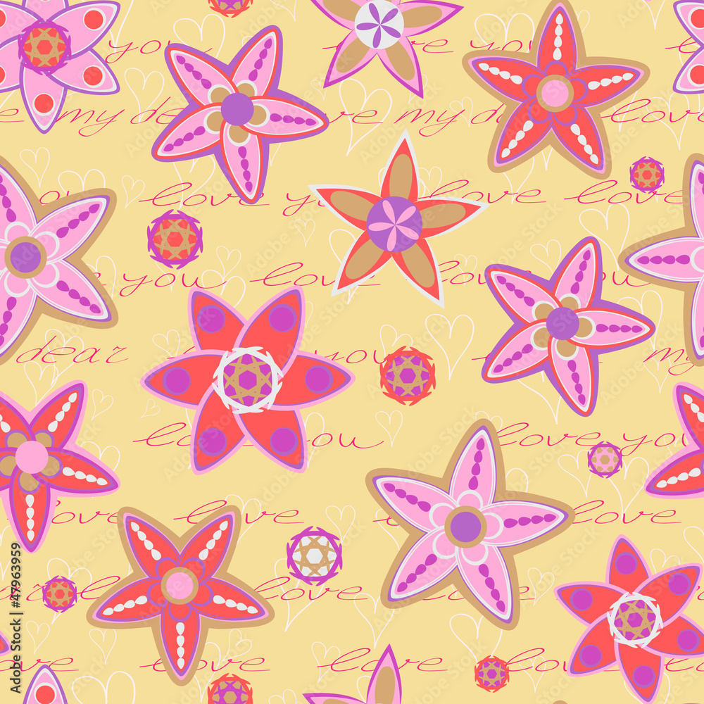 Seamless Pattern with Flowers and Hand Writing Text Seamless Pattern with Flowers and Hand Writing Text