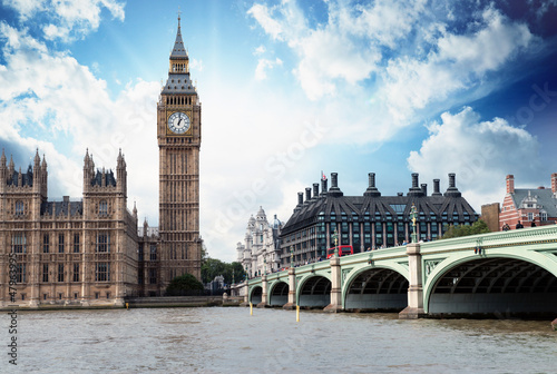The Big Ben, the Houses of Parliament and Westminster Bridge in