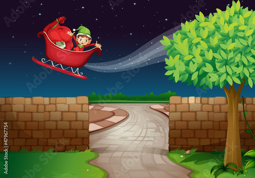 A flying sledge and a boy