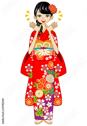 Kimono woman, Happy,Red