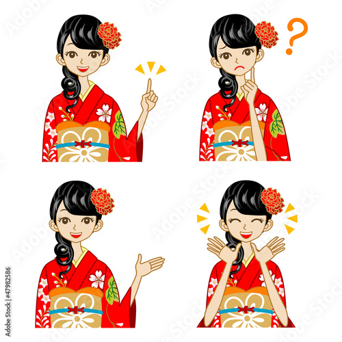 Variety of facial expressions,  Red Kimono woman
