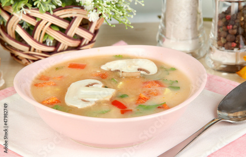 Fragrant soup in pink plate