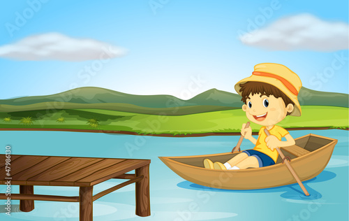 A boy in a boat and a wooden bench