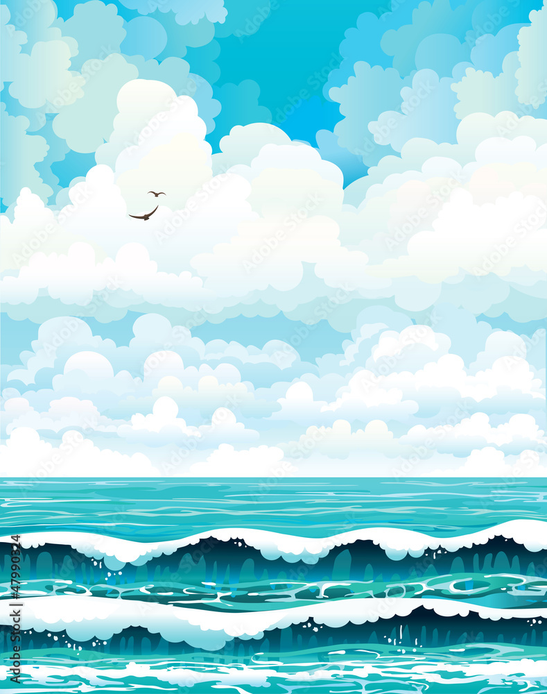 Group of clouds and turquoise sea with waves.