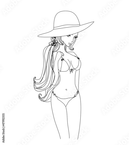 hand-drawn portrait of a beautiful woman in bikini