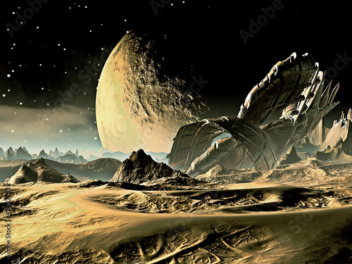 Fototapeta Naklejka Na Ścianę i Meble -  Crashed Alien Spaceship on Distant World