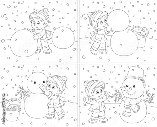 Small boy sculpts a funny snowman