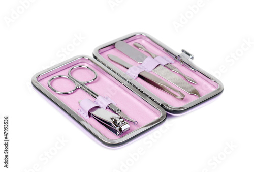 Pink manicure set, isolated on white backgroun