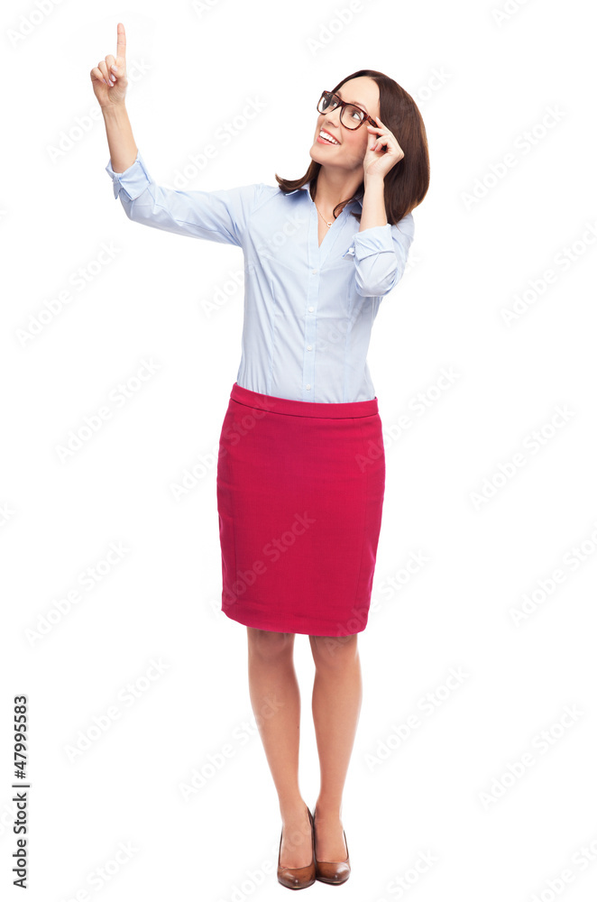 Business woman pointing up