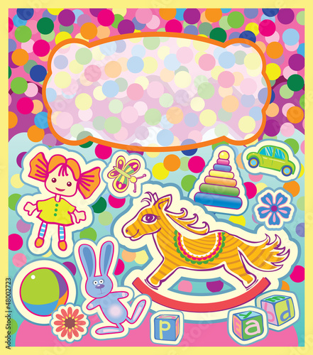 A colorful greeting card with children s toys