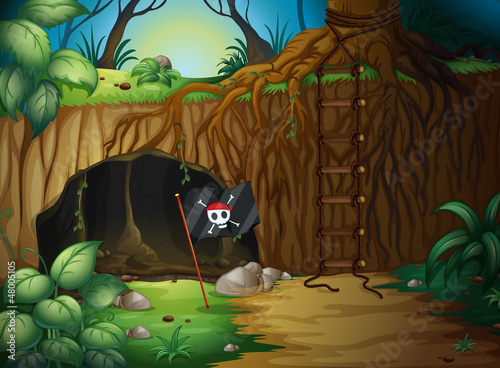 A cave and a pirate flag