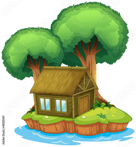 A house and a tree on an island