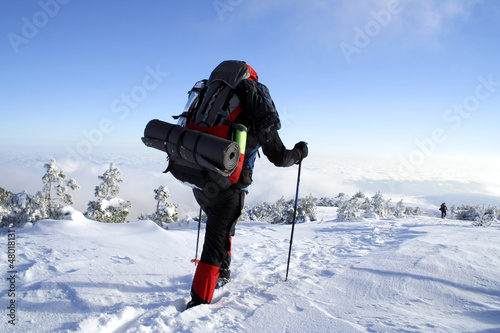 Winter hiking in snowshoes.