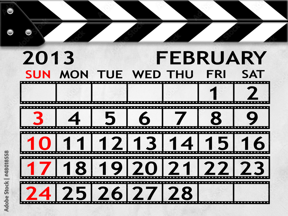 Calendar February 2013, Clapper board or slate style