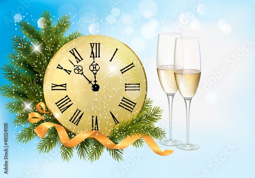 Holiday blue background with champagne glasses and clock . Vecto