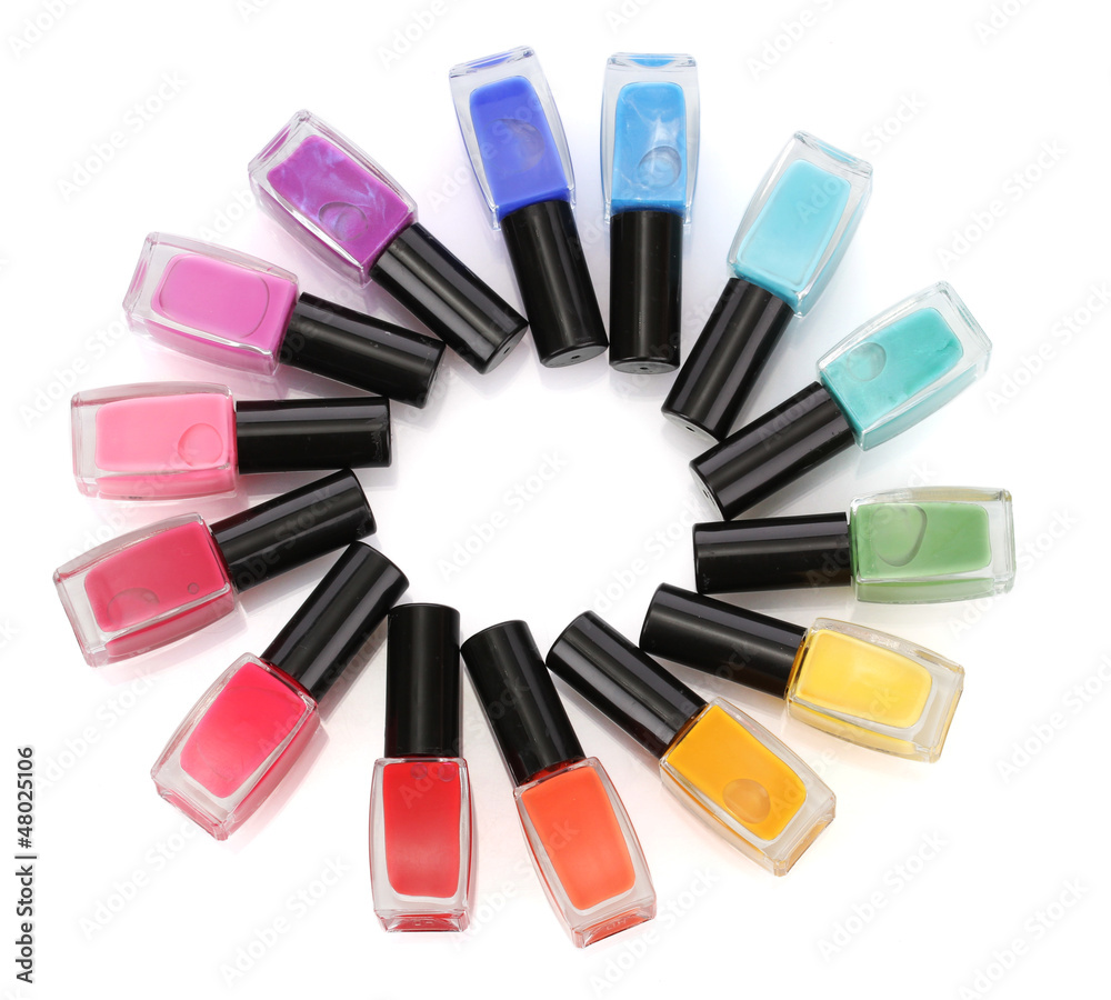 Group of bright nail polishes isolated on white Group of bright nail polishes isolated on white