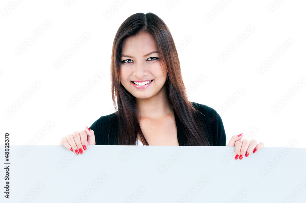 Happy Young Woman Holding Blank Board