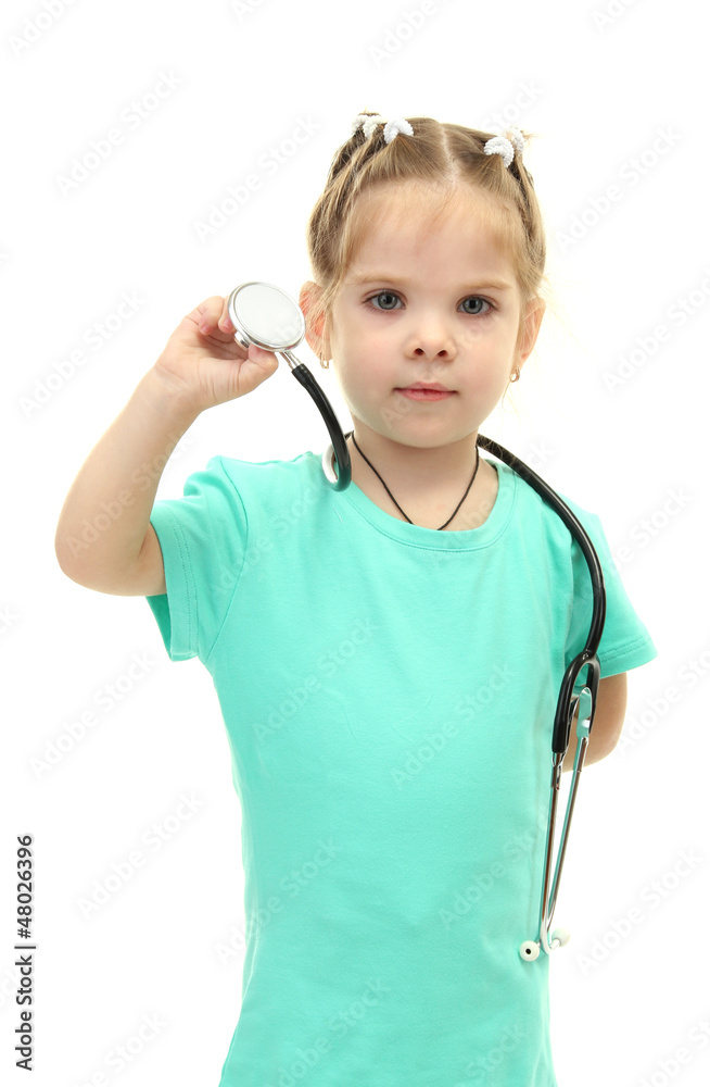 little girl doctor with toy bear, isolated on white little girl doctor with toy bear, isolated on white