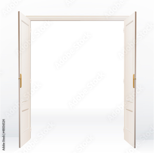 Realistic open door on white background. Vector design. 