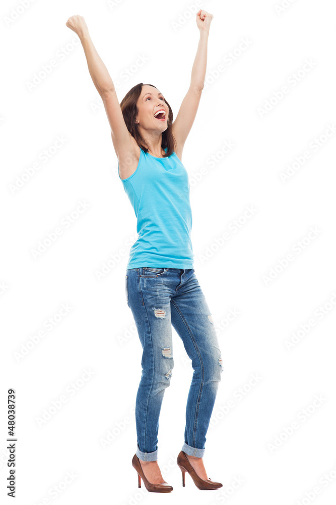 Happy young woman clenching fists Happy young woman clenching fists