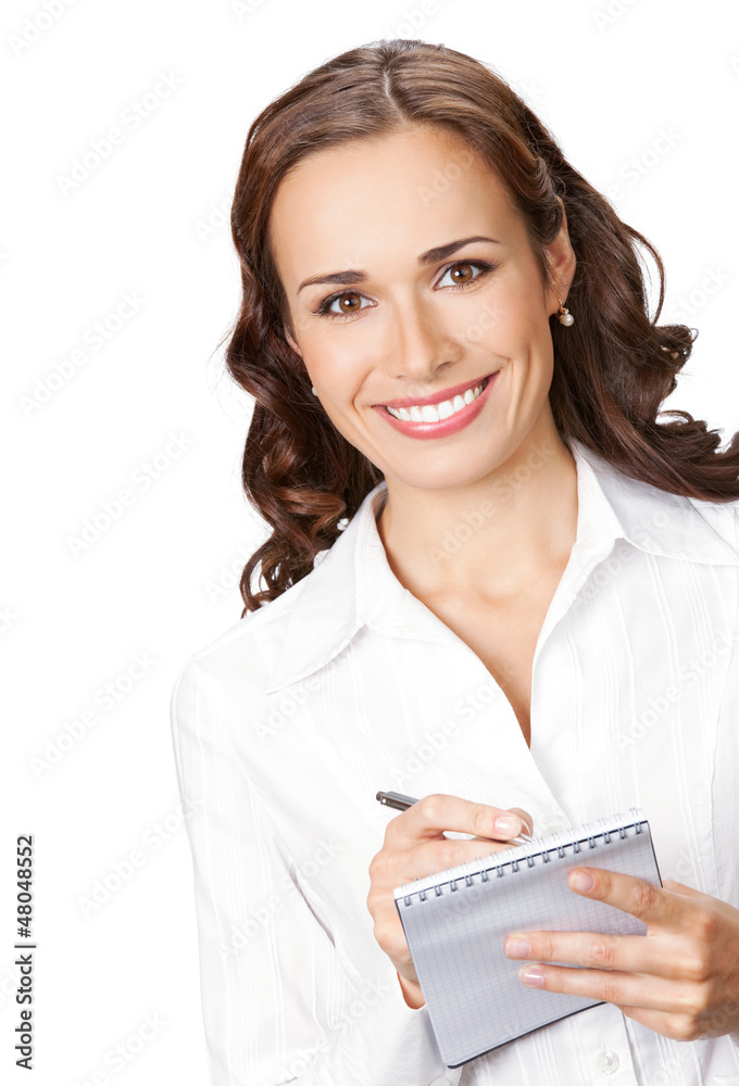 Businesswoman with notepad writing, isolated