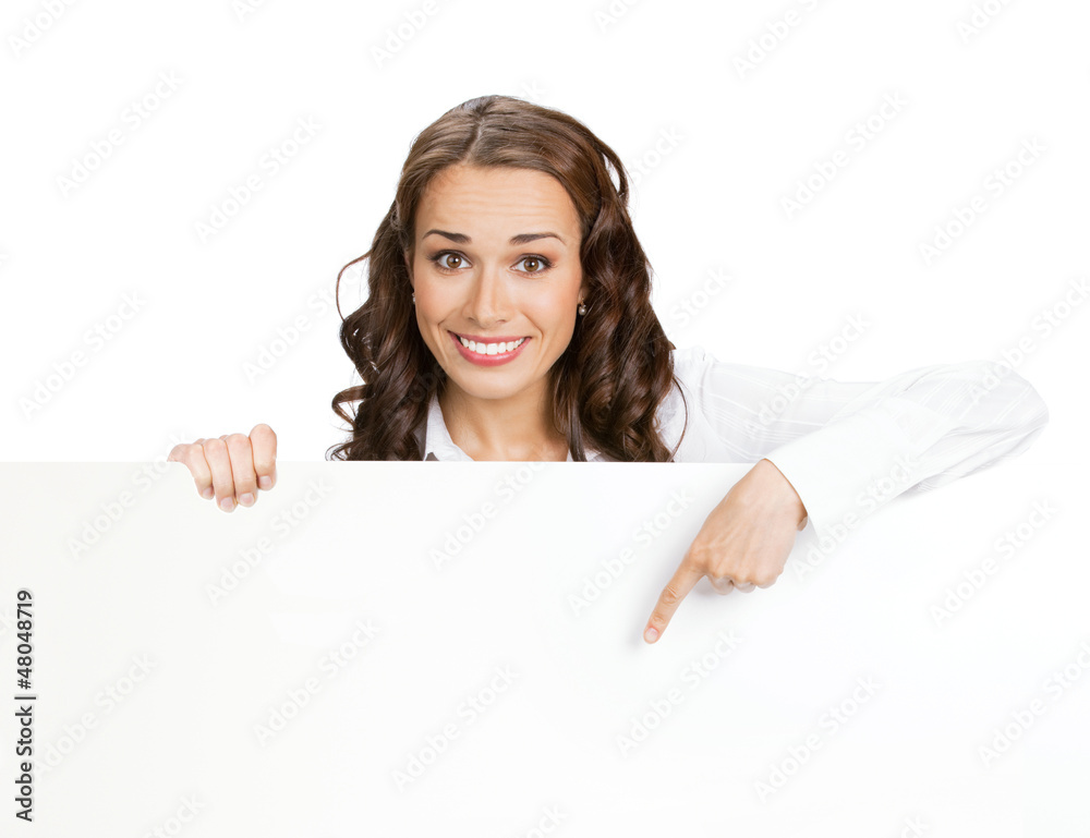 Businesswoman showing blank signboard, isolated Businesswoman showing blank signboard, isolated