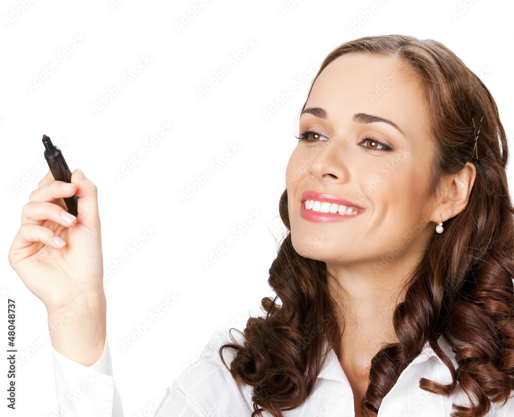 Businesswoman writing or drawing on screen, isolated Businesswoman writing or drawing on screen, isolated
