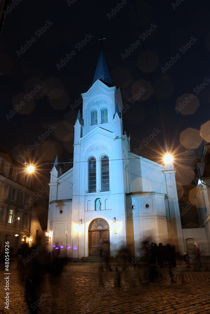 View of Our Lady of Sorrows Church at night, Riga