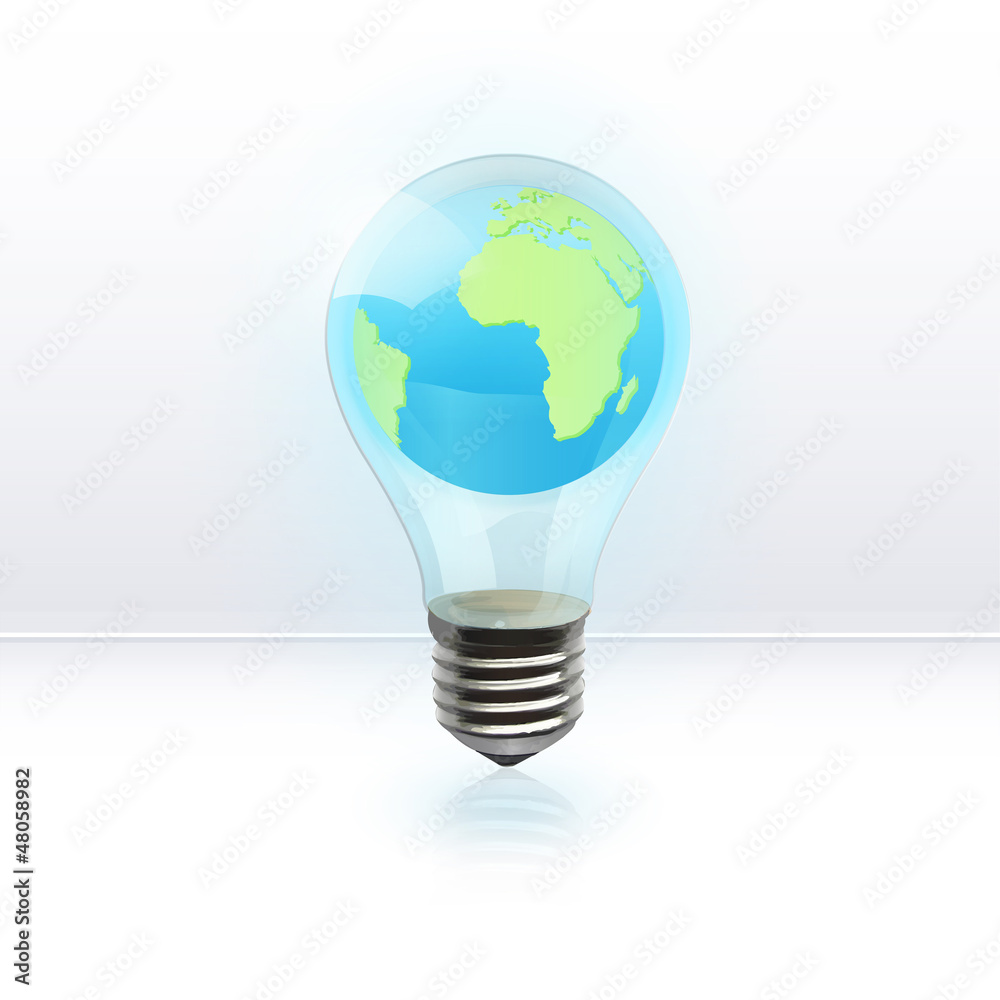 Eco light bulb with world inside. Vector background illustration