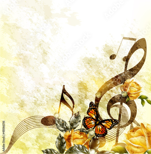 Grunge  music romantic background with notes and roses