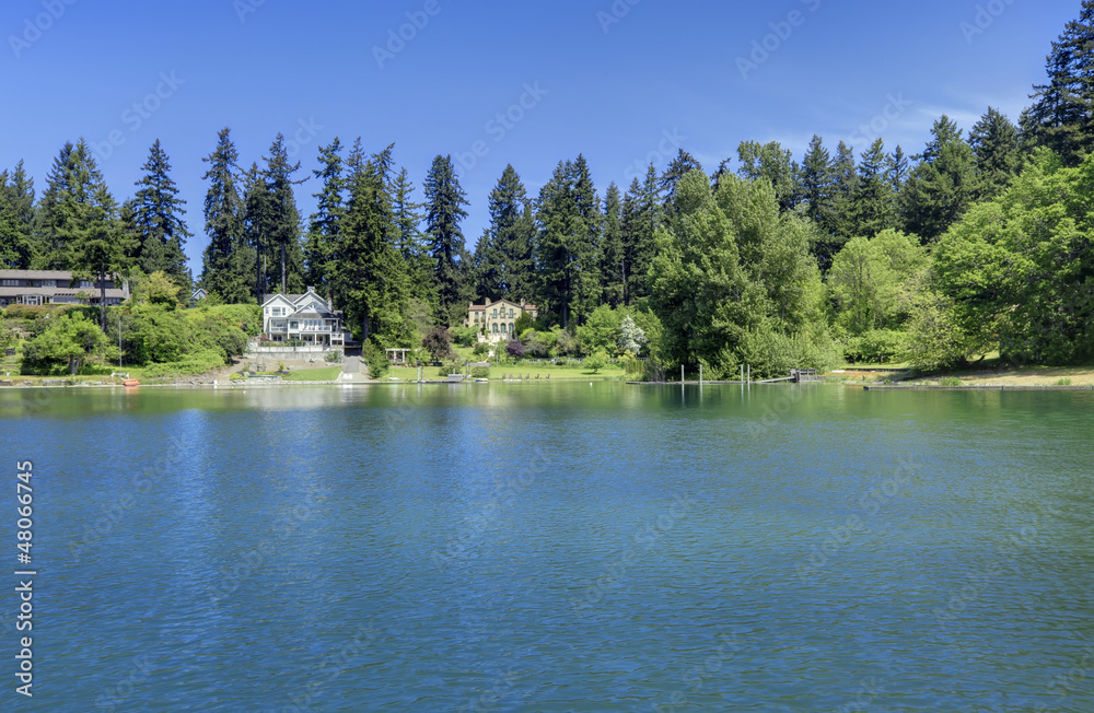 Fototapeta premium Lake waterfront with houses. Gravelly lake in Lakewood, WA.