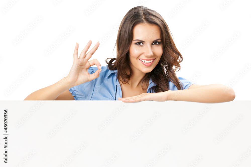 Beautiful young woman showing blank signboard Beautiful young woman showing blank signboard